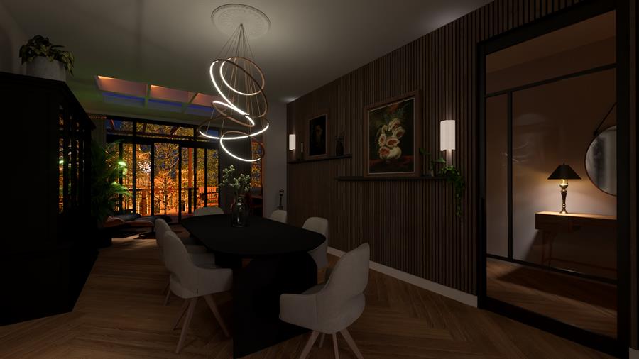 Eethoek bij avond met sfeervolle wandverlichting