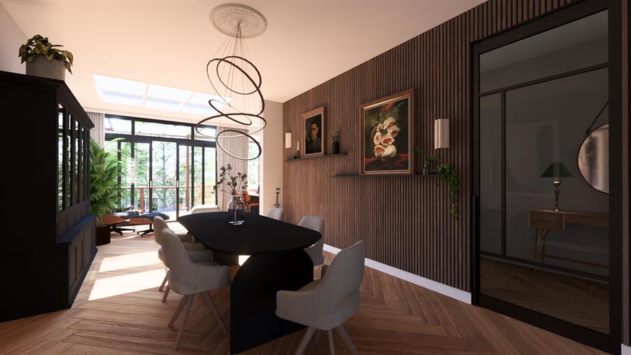 Eethoek met warme houten lamellenwand