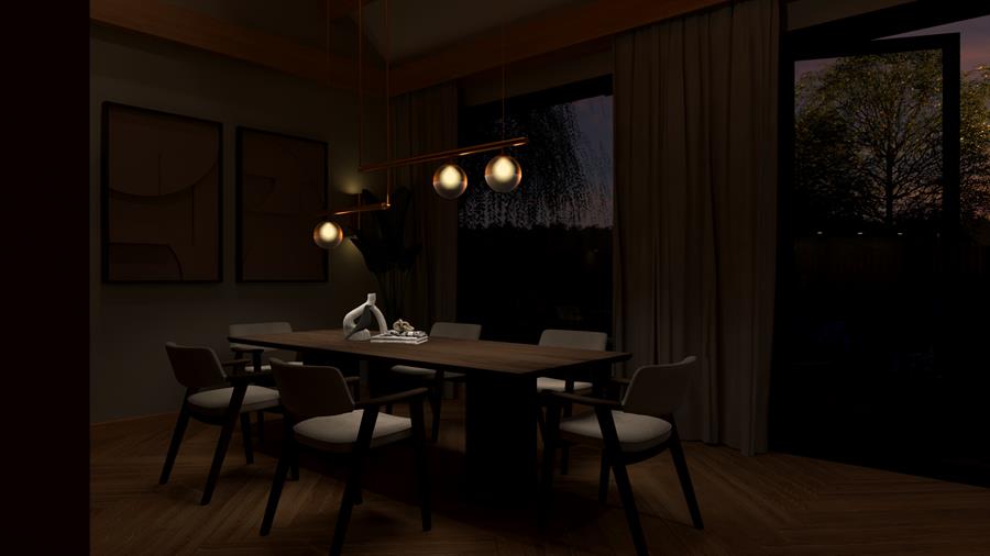 Eettafel bij schemering met warme hanglampen