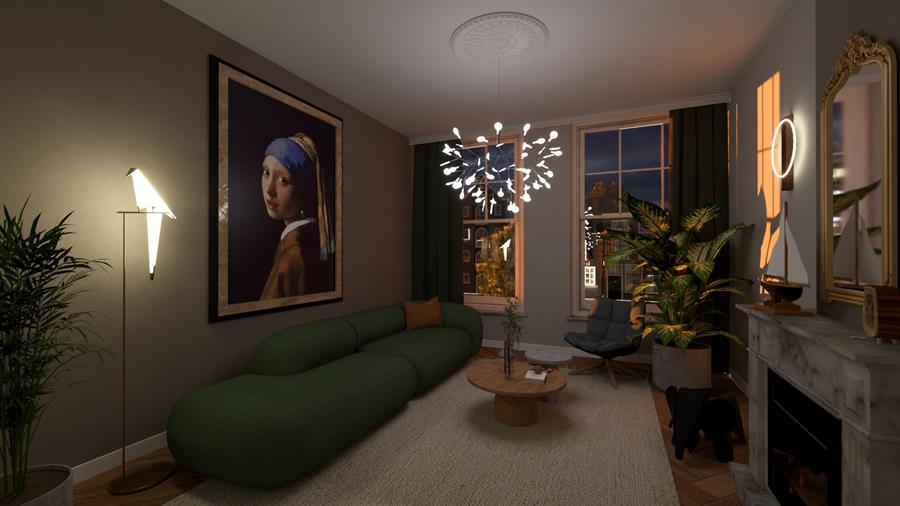 Woonkamer in avondlicht met sfeervolle verlichting