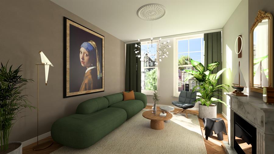 Sfeervolle woonkamer met groene bank en klassieke details